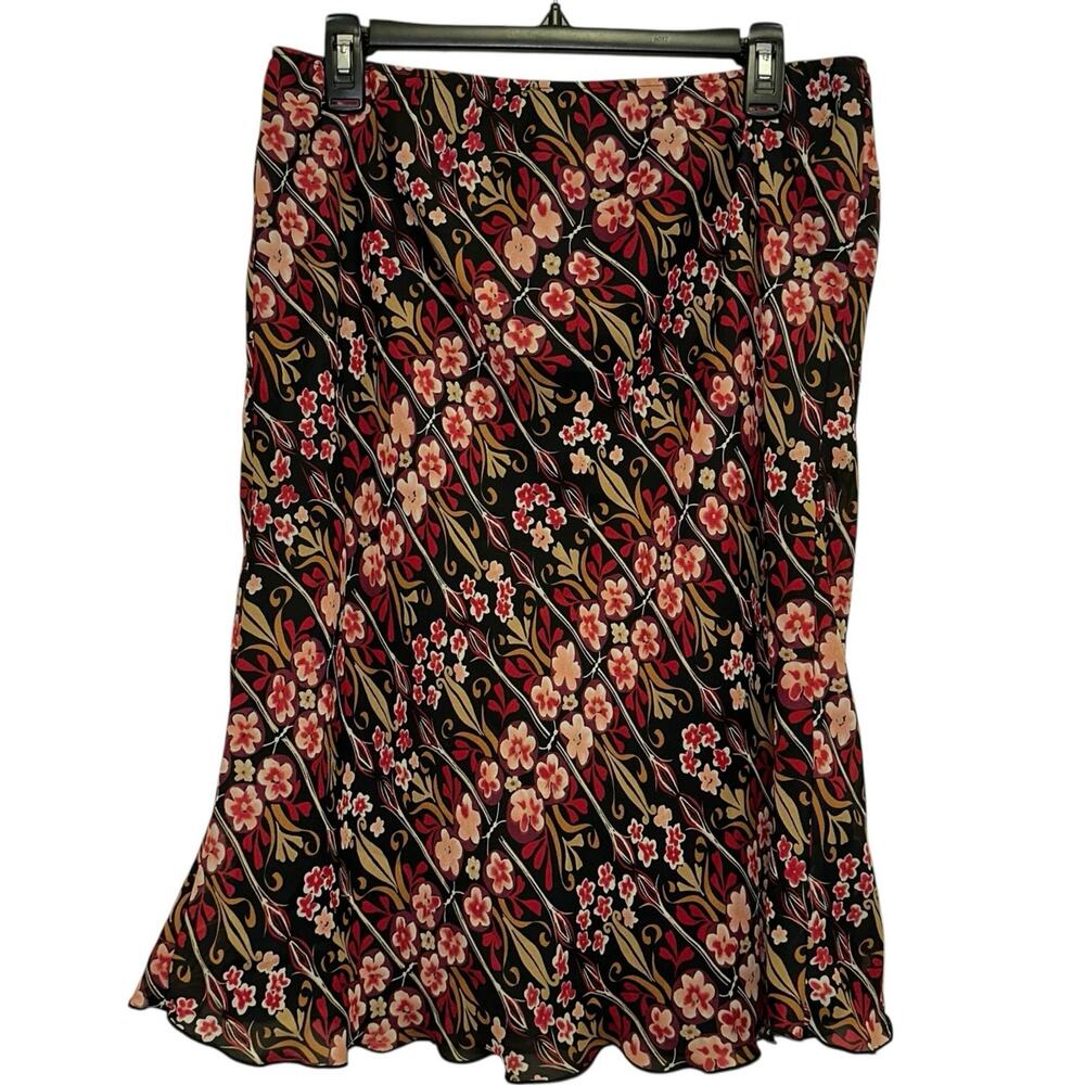 Worthington Women's‎ Floral Midi Skirt Size 14 Black Red Bias Cut Flounce Hem